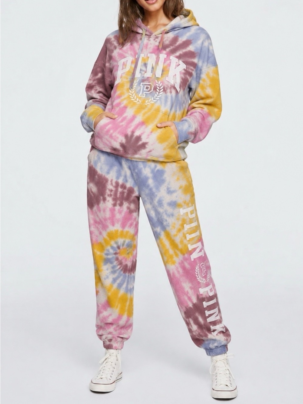 PINK Girls' Tie-Dye Hooded Pajama Set - Pink, Yellow & Blue